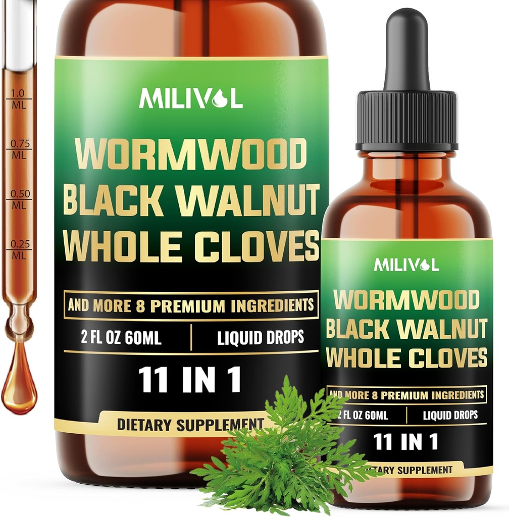 Gouttes liquides de wormwood - Teinture d'extrait de wormwood avec noyer noir, des vêtements entiers et 8 herbes supplémentaires - 2 Fl Oz pour 60 jours d'approvisionnement