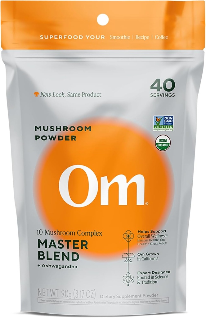 OM Master Blend Poudre de champignons – Supplément de champignons biologiques avec 10 champignons et Ashwagandha - Protection immunitaire, Gut Health & Stress Relief, 3,17 oz (40 portions)