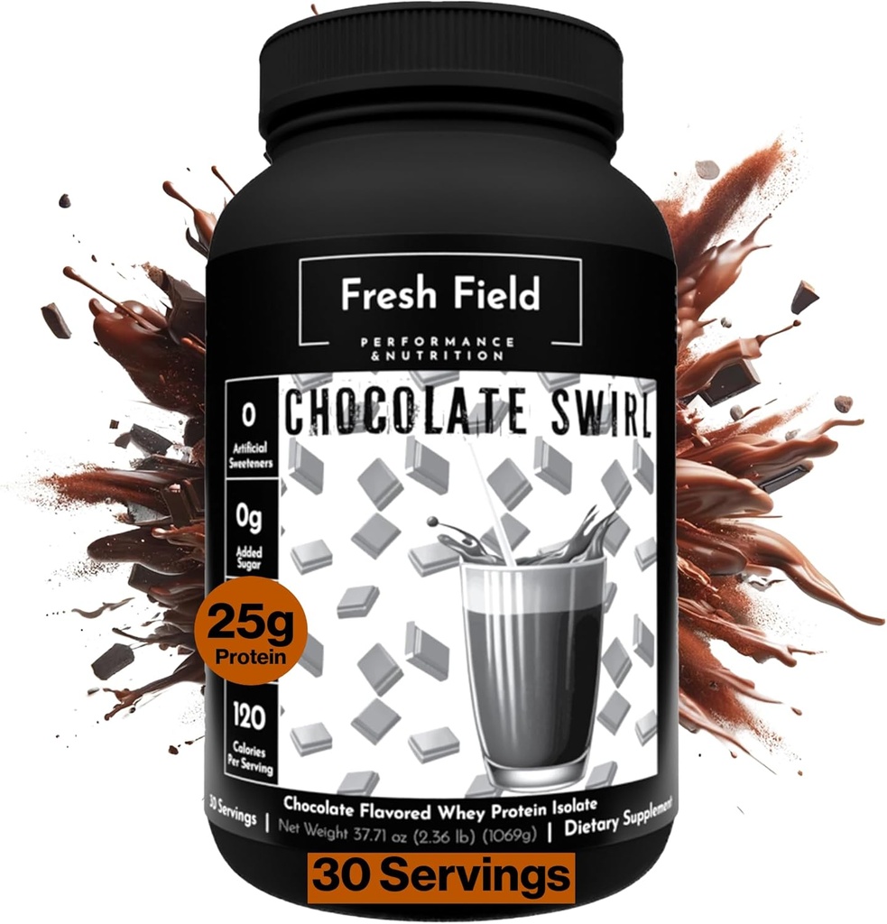 Fresh Field Chocolate Protein Powder - 25g Whey Protein Isolate, Gluten-Free & Soy-Free, Sugar-Free, 30 Servings - Natural Whey Protein Powder for Workout Fitness & Nutrition Shakes - 2.36 lb