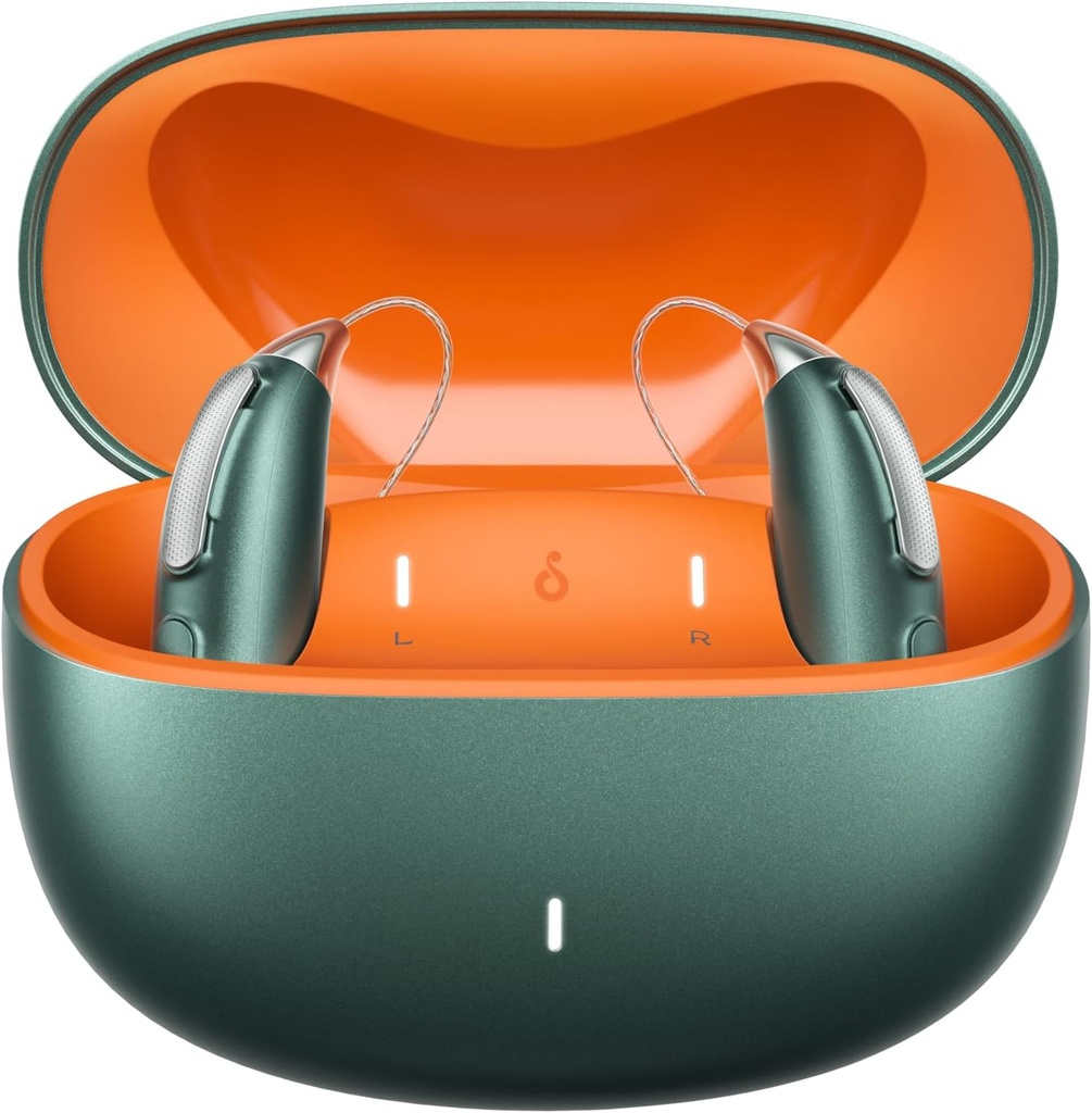 Aides auditives Bluetooth rechargeables pour perte auditive légère à sévère - OTC - Installation intelligente - Conception RIC (Receiver-in-Canal) avec réduction du bruit - Comprend la boîte de recharge, vert