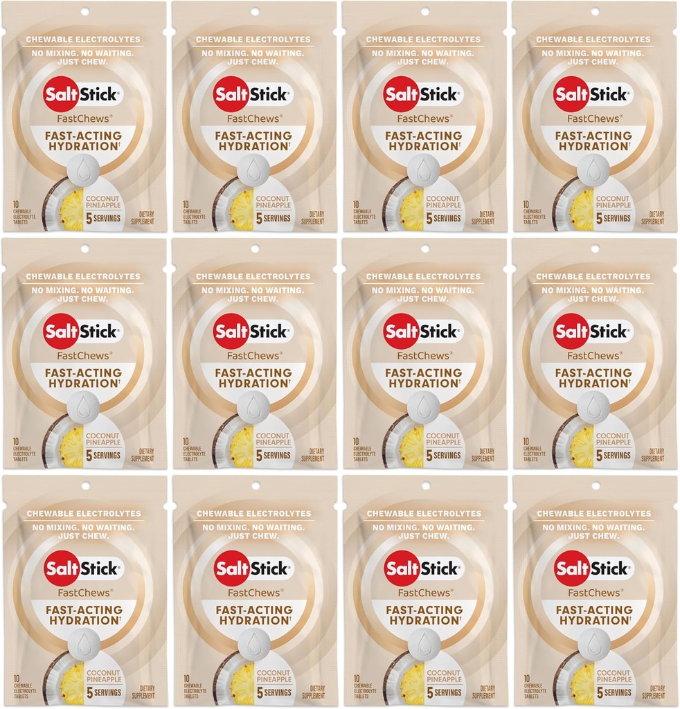 SaltStick Electrolyte FastChews - 120 Comprimé d'ananas de noix de coco - Comprimés d'électrolyte pour l'hydratation, onglets de sel - 10 Comprimé (paquet de 12)