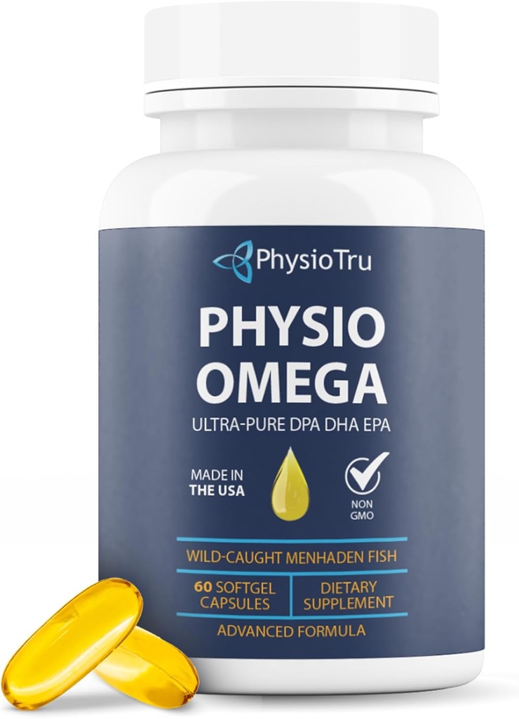 Physio Omega 2400mg Huile de poisson avec supplément d'acide gras Omega 3 - Suppléments pour la santé du coeur et du cerveau pour les adultes - Non-OGM, sans Burpless, agrumes légers, source durable - 60 Softgels, 30 jours d'approvisionnement