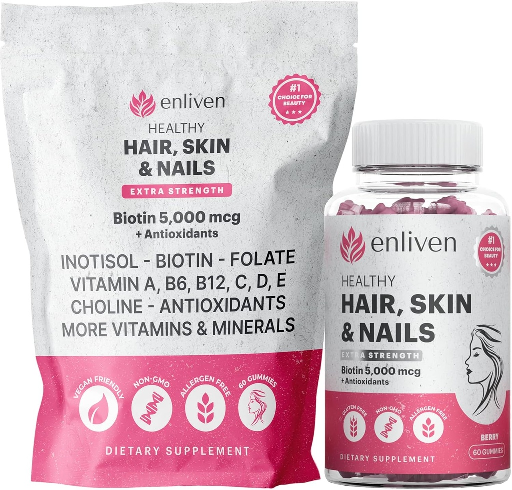 enliven Biotin Gommies pour la croissance des cheveux et les ongles forts , 5000mcg Biotin + Inositol, soutien du collagène , Vitamines de soins de la peau pour les femmes et les hommes , Berry Flavor , Supplément de cheveux végétalien , 60 Gommies