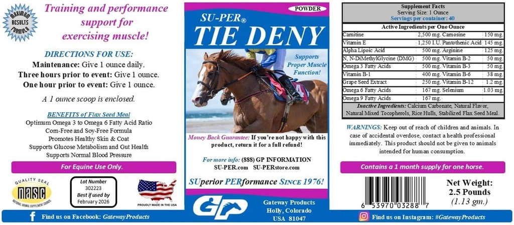 SUP-PER Tie Deny Energy Horse Supplement - Supporte la fonction musculaire appropriée dans les chevaux de performance - Circulation normale et prise d'oxygène, production d'énergie, retard de fatigue - 2,5 livres, (2 paquets)