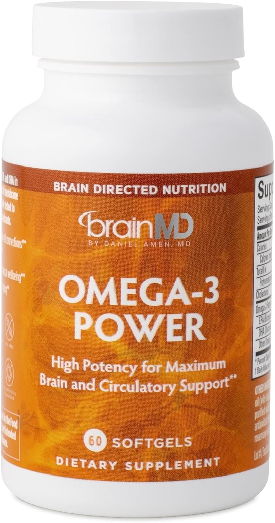 BRAINMD Dr Amen Omega-3 Power - 60 capsules - Supplément de soutien joint et immunitaire - Contient DHA & EPA - Sans gluten - 30 portions