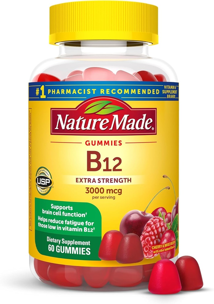 Nature rendu extra-fort Vitamine B12 Gummies, 3000 mcg par portion, B12 supplément de vitamine pour le métabolisme énergétique, 60 vitamines gommy, 30 jours d'approvisionnement