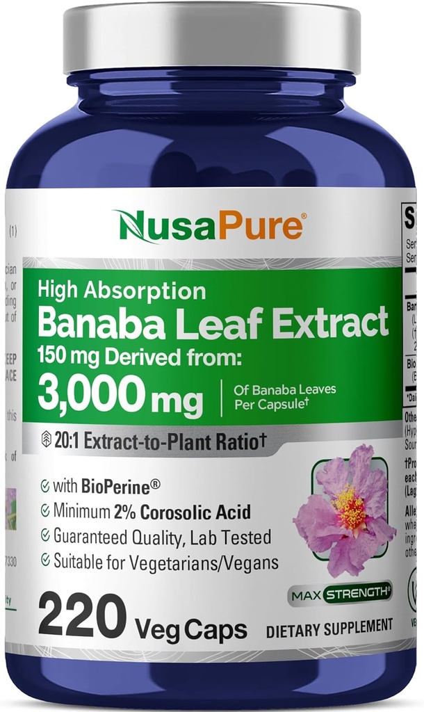 NusaPure Banaba Leaf 20:1 Extrait, 150 mg Équivalent à 3000mg Caps de Veg, 220 jours d'approvisionnement (non-OGM et végétalien) Acide corrosique 2%
