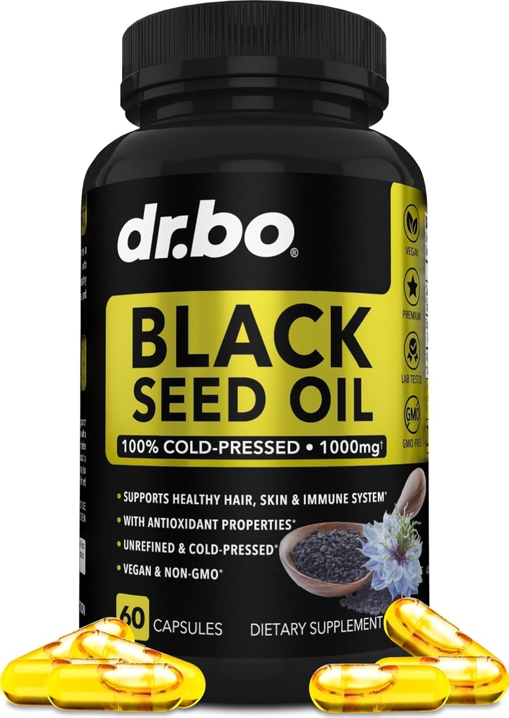 Black Seed Oil Capsules Vegan - Pure Cold Pressed Black Seed Oil Nigella Sativa Cumin pour la santé de la peau et des cheveux, 500mg, 1000mg Par 2 Capsule Servant Blackseed Capsules liquides Halal - 60 Softgels Pills