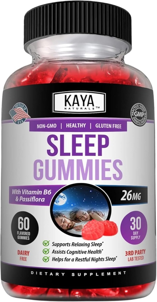 Kaya Naturals Mélatonine Gommies (26mg) Supplément de santé et aide au sommeil pour les adultes, vous aide à tomber à dormir naturellement, vitamine B6 Gommies - 60 vitamines gommy pour les femmes et les hommes - 30 jours d'approvisionnement
