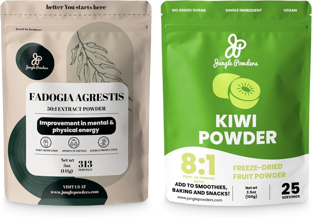 Poudres de jungle Santé des hommes: 5 oz Fadogia Agresti Extract & 5 oz Fruit Kiwi séché en poudre - Fadogia nigériane pure pour la conduite traditionnelle et le soutien de la passion & Extrait Kiwi non sucré