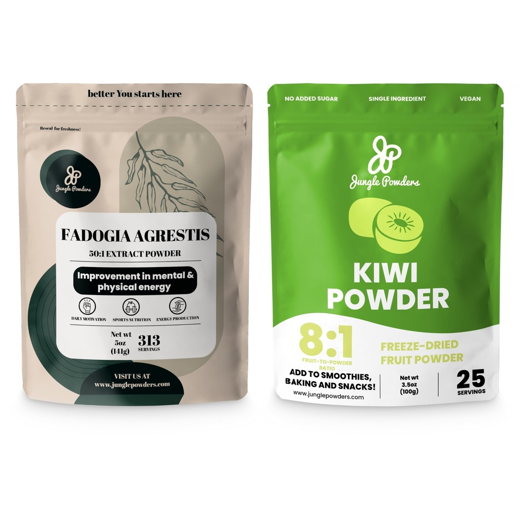 Poudres de jungle Santé des hommes: 5 oz Fadogia Agresti Extract & 5 oz Fruit Kiwi séché en poudre - Fadogia nigériane pure pour la conduite traditionnelle et le soutien de la passion & Extrait Kiwi non sucré