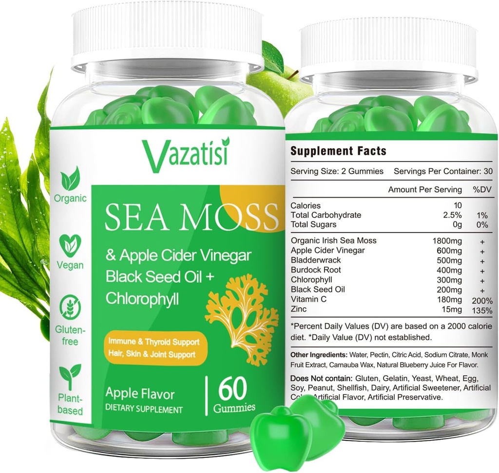 2 Pack Gommies de mousse de mer irlandaise biologique avec huile de graines noires, chlorophylle - Thyroïde, Mood, Energy & Immune Support - Femmes & Hommes, Adulte & Enfant - 120 Gummes végétaliens