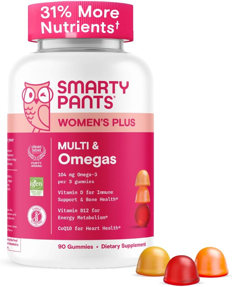 Gommies multivitamines pour femmes SmartyPants - Formule améliorée : Oméga 3 (DHA/EPA), Méthylfolate, CoQ10, Vitamine D3, C, Vitamine B12, B6, A, K & Zinc, Inositol, Sans gluten, 90 Compte (30 jours)