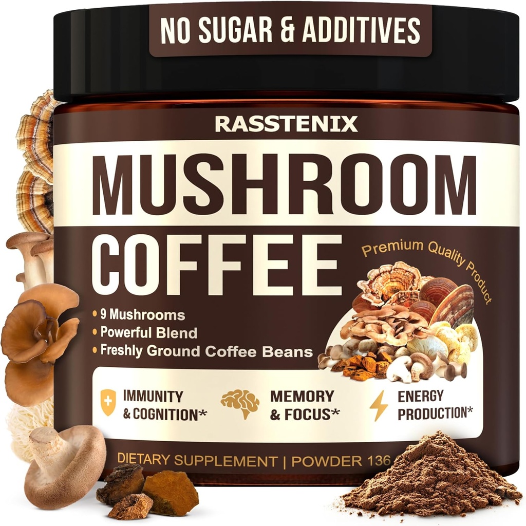 Champignons Café biologique - 9 champignons Mélange adaptogène - Lion's Mane, Chaga, Turquie Tail, Reishi, Shiitake - Champignons instantanés Café pour la santé, l'énergie, la clarté mentale - 60 portions