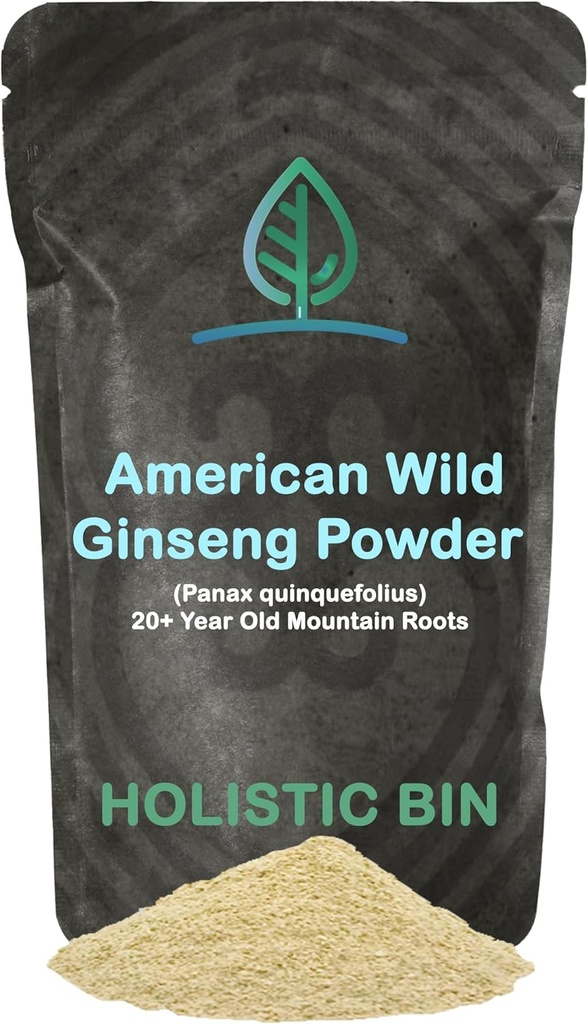 Boîte Holistic Wild American Ginseng Poudre Pure Organic Ginseng Supplément fait avec des racines sauvages récoltées 20 ans et plus de Appalachia (Panax Quinquefolius)
