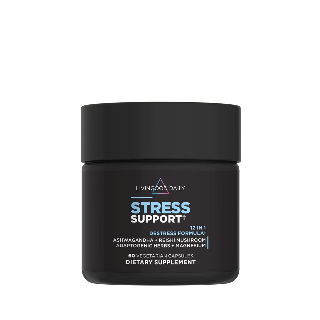 Livingood support de stress quotidien, 12-en-1 supplément avec Ashwagandha, Reishi Mushroom, vitamine B6, herbes adaptogènes et magnésium, soutient l'humeur et le calme, sans gluten, végétalien, 60 capsules végétariennes