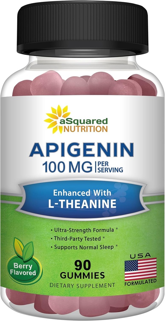 Apigenin 100mg avec L-Theanine 100mg Gummies - Supplément Apigenin pour le sommeil - Extrait naturel Gummy Alternative aux capsules, pilules, poudre et thé - 2 par portion