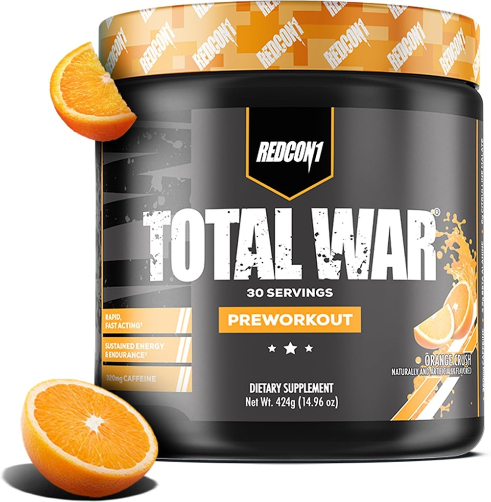 REDCON1 Total War Pre Workout, Orange Crush - Contains 320mg of Caffeine from Green Tea, Juniper & Beta Alanine - Pre Work Out with Amino Acids to Increase Pump, Energy + Endurance (30 Servings)