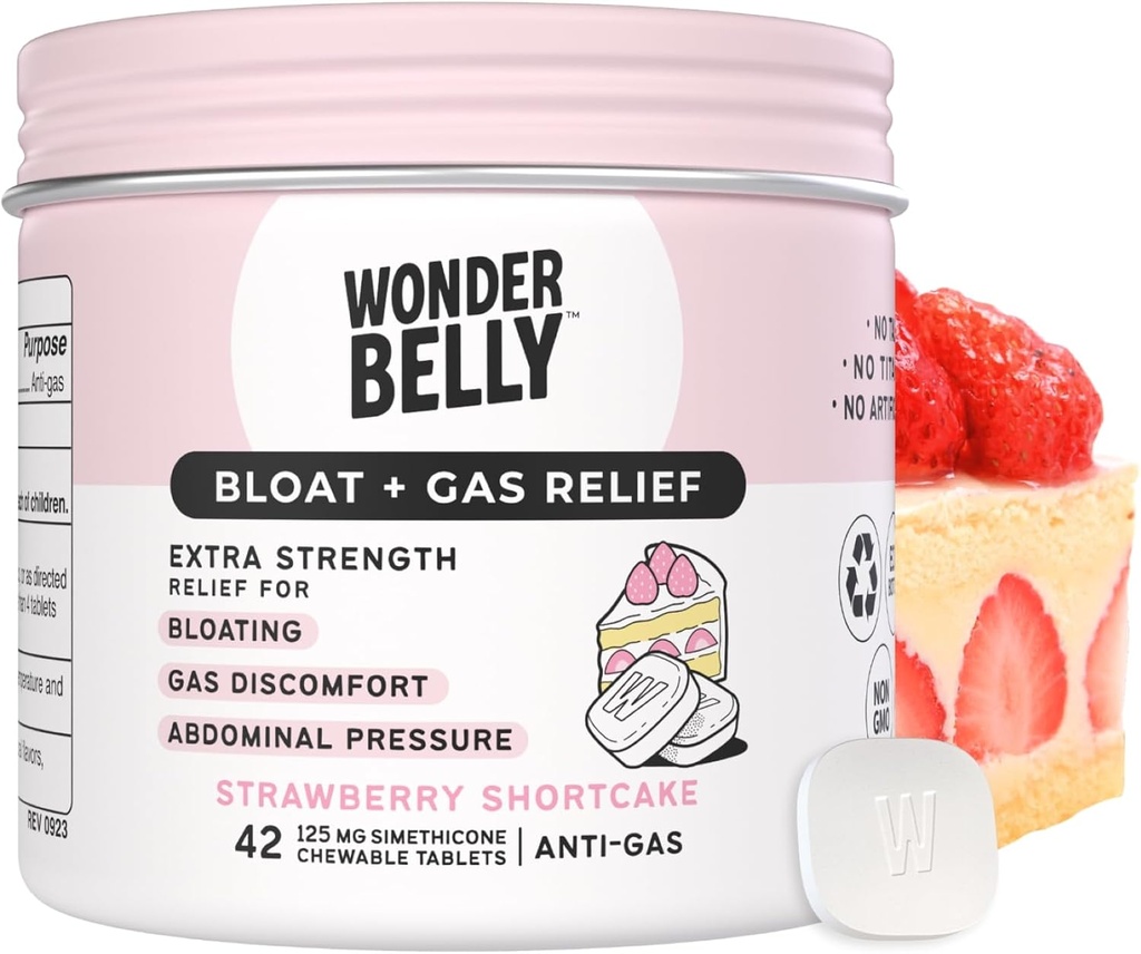 Bloat de Wonderbelly + dégazage, Comprimés croustillants extra-forts, avec 125 mg de Siméthicone, Sans Talc ou Tee, Shortcake aux fraises, 42 Compte