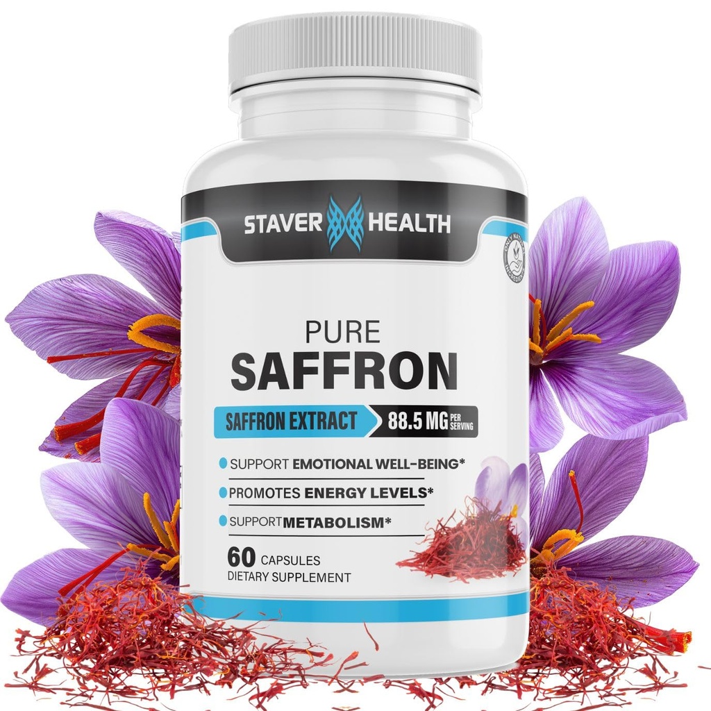 Capsules d'extrait de safran pur, 88,5 mg, 60 capsules de légumes pour l'amélioration de l'humeur et le soutien énergétique
