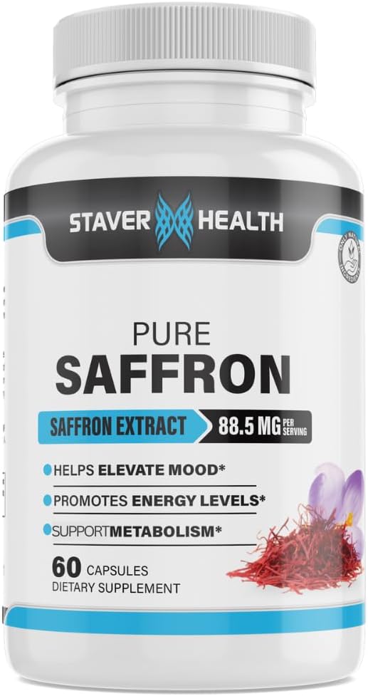 Capsules d'extrait de safran pur, 88,5 mg, 60 capsules de légumes pour l'amélioration de l'humeur et le soutien énergétique