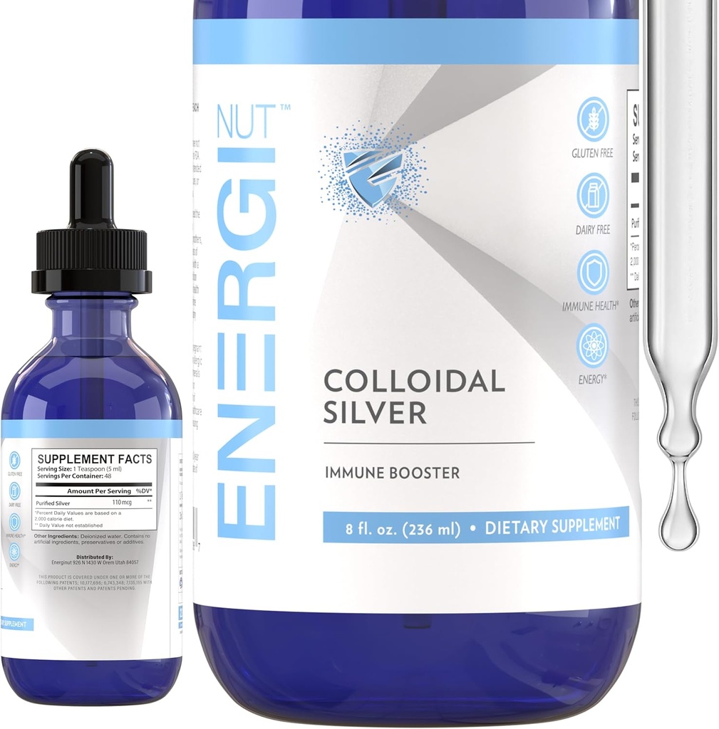 ENERGI Colloïdal argent liquide, supplément de soutien immunitaire, supplément système d'immunité pour les adultes et les enfants, gouttes d'argent colloïdal ou spray, bouteille 8 Fl Oz