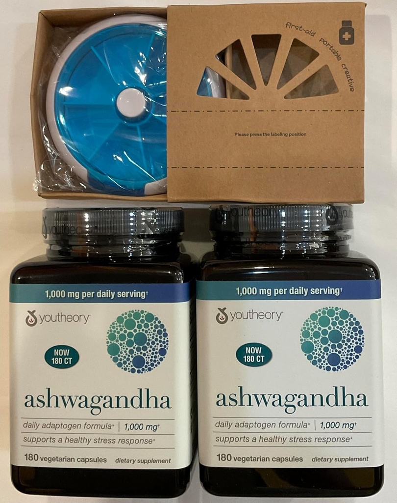 Youtheory Ashwagandha 1000mg avec KSM-66 - Aide à soutenir une réponse de stress en santé,180 capsules (paquet de 2) et Pill Orgnizer Bundles
