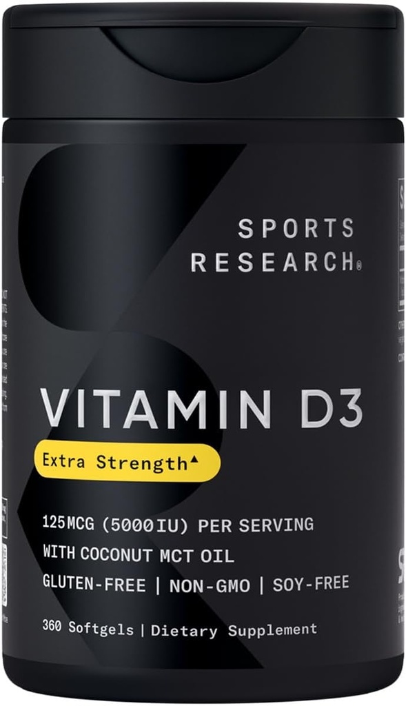 Sports Research® Vitamine D3 w/Coconut MCT Oil - Vitamine D3 5000iu (125mcg) Supplément pour le soutien immunitaire et os - Sans huile de semence - Sans OGM - Sans gluten (360 softgels liquides)