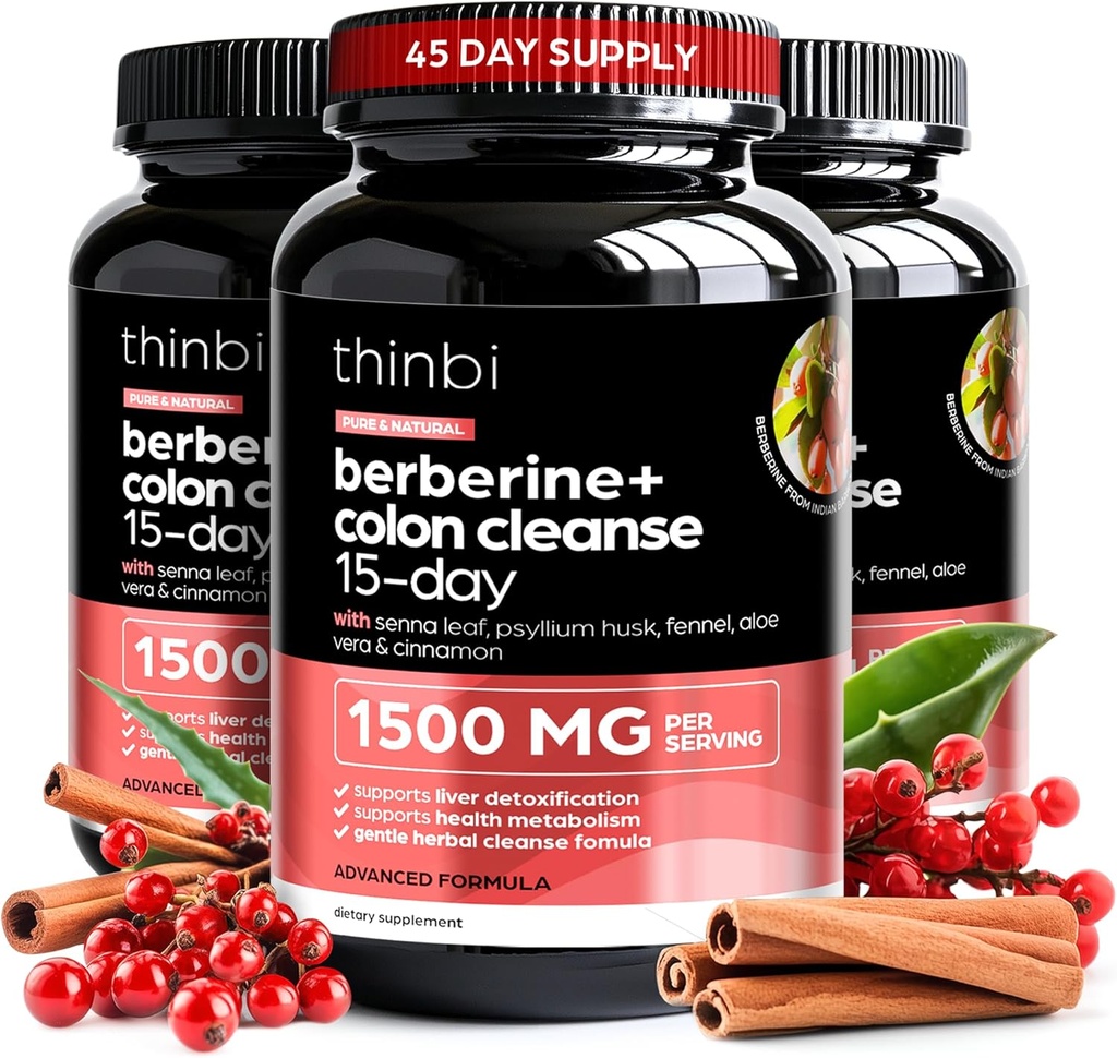 Colon Cleanse Berberine Supplément 1500mg - 3 Pack - 15 jours de force supplémentaire pour les hommes et les femmes avec/Feuille de Senna, laxatif naturel à action rapide pour le soulagement de la constipation, santé Gut -Fabriqué aux États-Unis