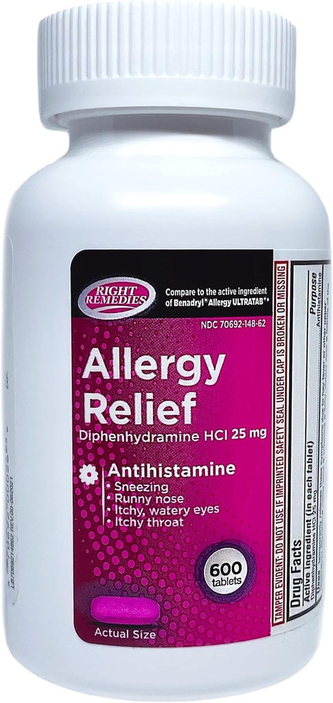 Antihistaminique antiallergique, Diphenhydramine HCl 25mg, (compte 600), par rapport à la marque nationale Allergie Ultratabs, Soulage Saisonnier Intérieur ou Extérieur Allergies respiratoires supérieures