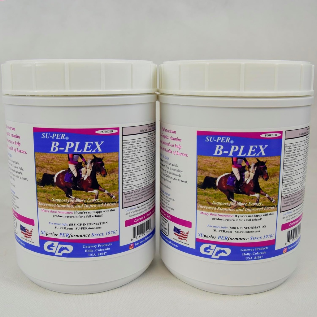 SUPER B-Plex Vitamines équines en poudre - Supplément complet B-Complex Vitamines et minéraux de chevaux - Hooves sains, globules rouges, poudre calmante de cheval - 2,5 livres, (2 paquets)
