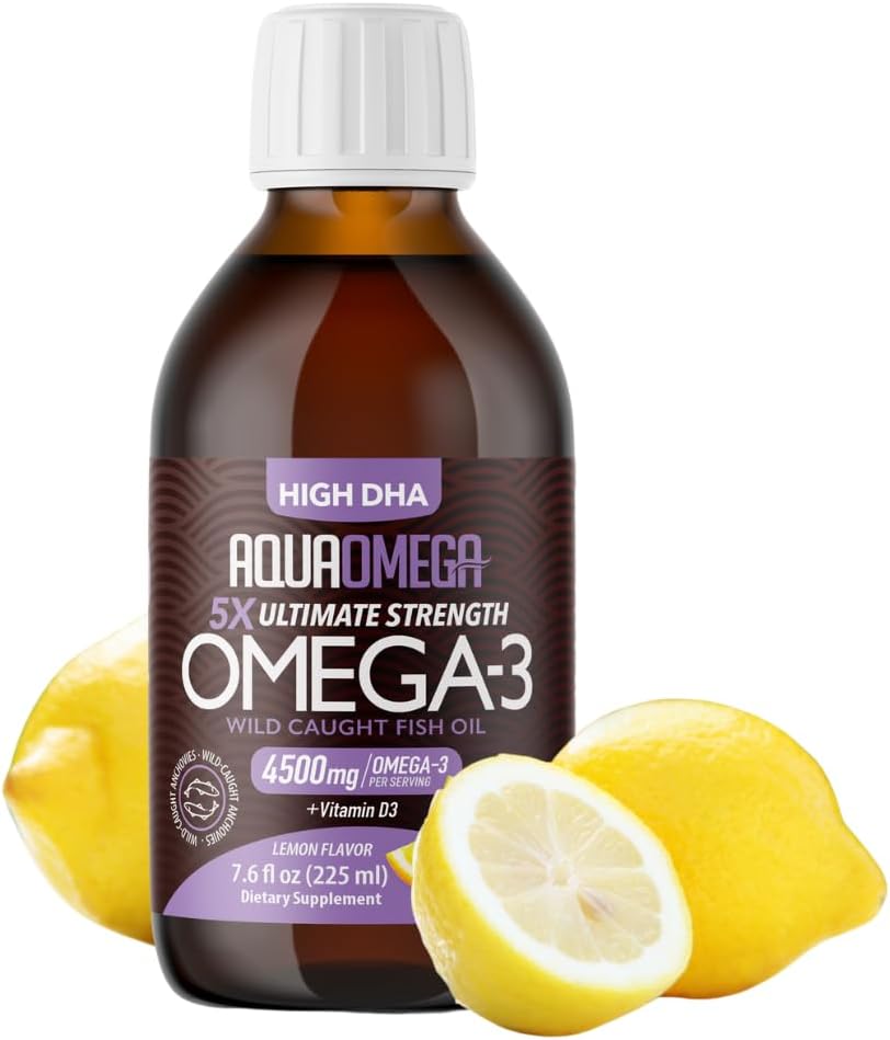 5X Ultimate Strength Omega 3 Huile de poisson liquide, suppléments d'huile de poisson avec des acides gras riches en DHA et EPA Omega3, Omega 3 à haute puissance avec vitamine D, 7,60 floz, Saveur de citron