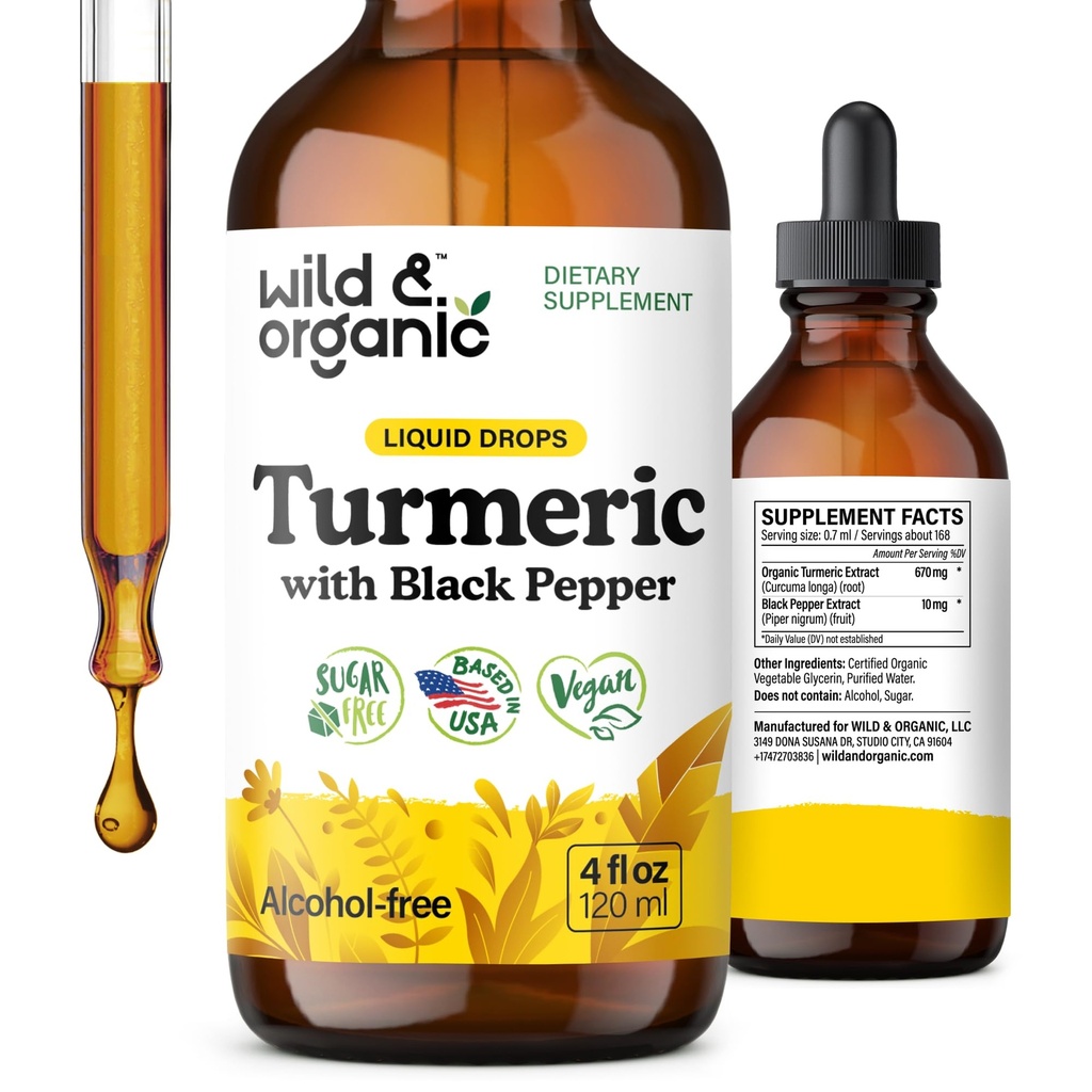 Teinture curcuma sauvage et biologique - Curcumine curcuma avec extrait de poivre noir - Supplément de soutien de la mobilité - gouttes liquides de racine curcuma - végétalien, sans sucre et sans alcool - 4 fl oz