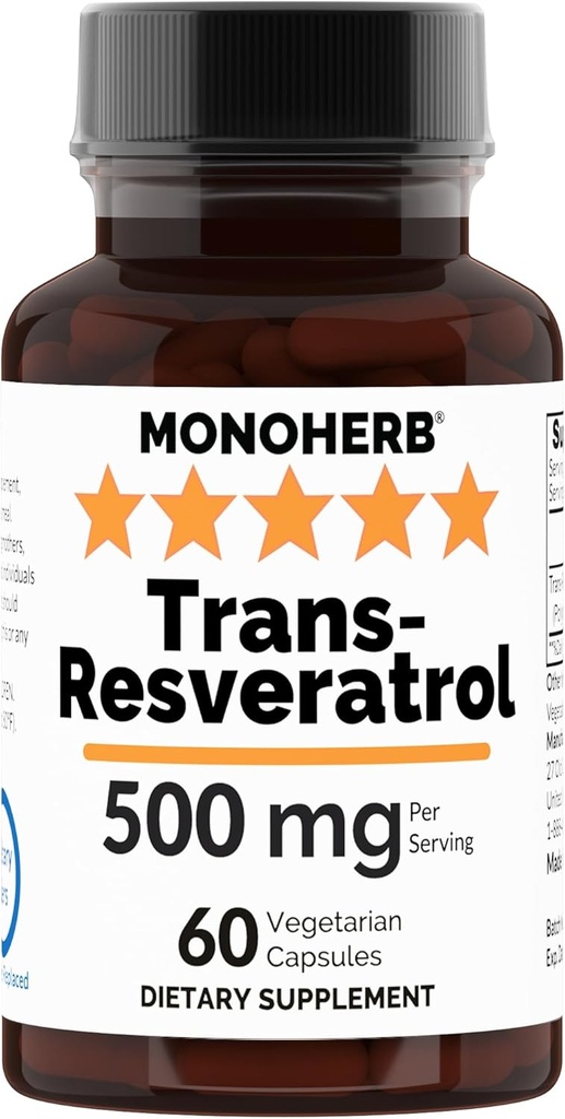 Trans Resveratrol 500 mg - 60 gélules 250 mg par gélule - portion 2 gélules : 500 mg - 30 gélules