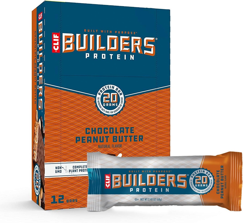 Constructeurs de Clif - Barres protéinées - Saveur de beurre d'arachide au chocolat - 20g Protéines - Sans gluten (2.4 Ounce, 12 Nombre)