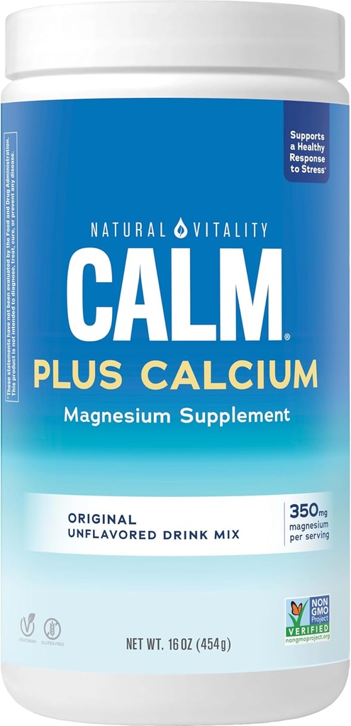 Vitalité naturelle Calme, supplément de citrate de magnésium et de calcium, poudre de mélange de boisson soutient une réponse saine au stress, sans gluten, végétalien, et non-OGM, original, 16 oz