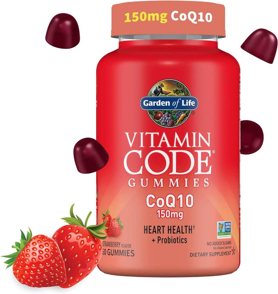 Jardin de la vie Code de vitamine CoQ10 Gummies 150 mg, Coenzyme Q10 pour la santé cardiaque, la production d'énergie et le vieillissement en santé + Prébiotiques et probiotiques pour la digestion, non-OGM, sans gluten, 60 Gummies de fraises