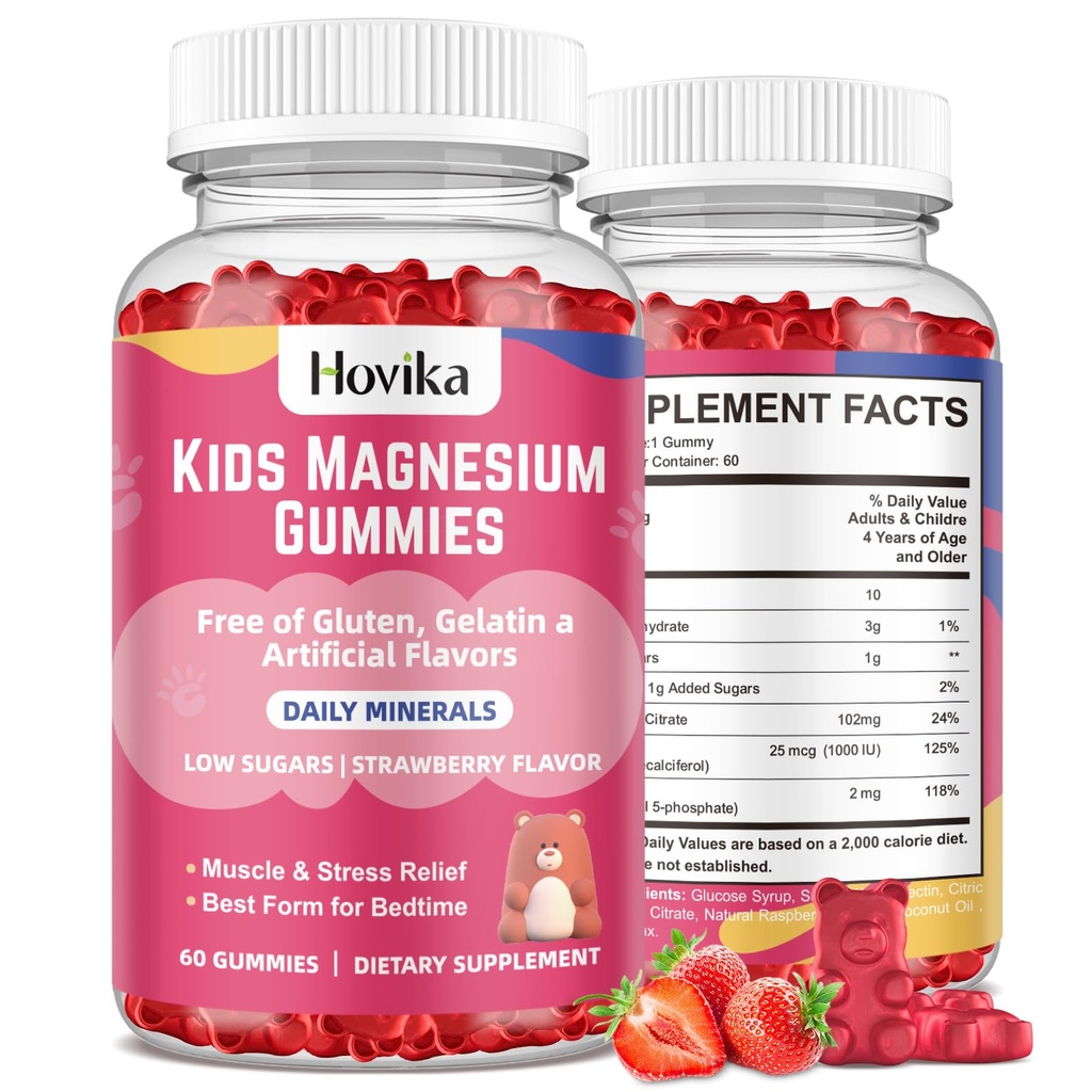 Magnésium Citrate Gummies for Kids - Great Tasting Kids Magnésium Calm Supplement Support Nerve & Bone Health, Muscle fort pour les enfants Bien-être, Fraise végétalienne Flavor Low-Sugar, 2 Pack-60 Comte