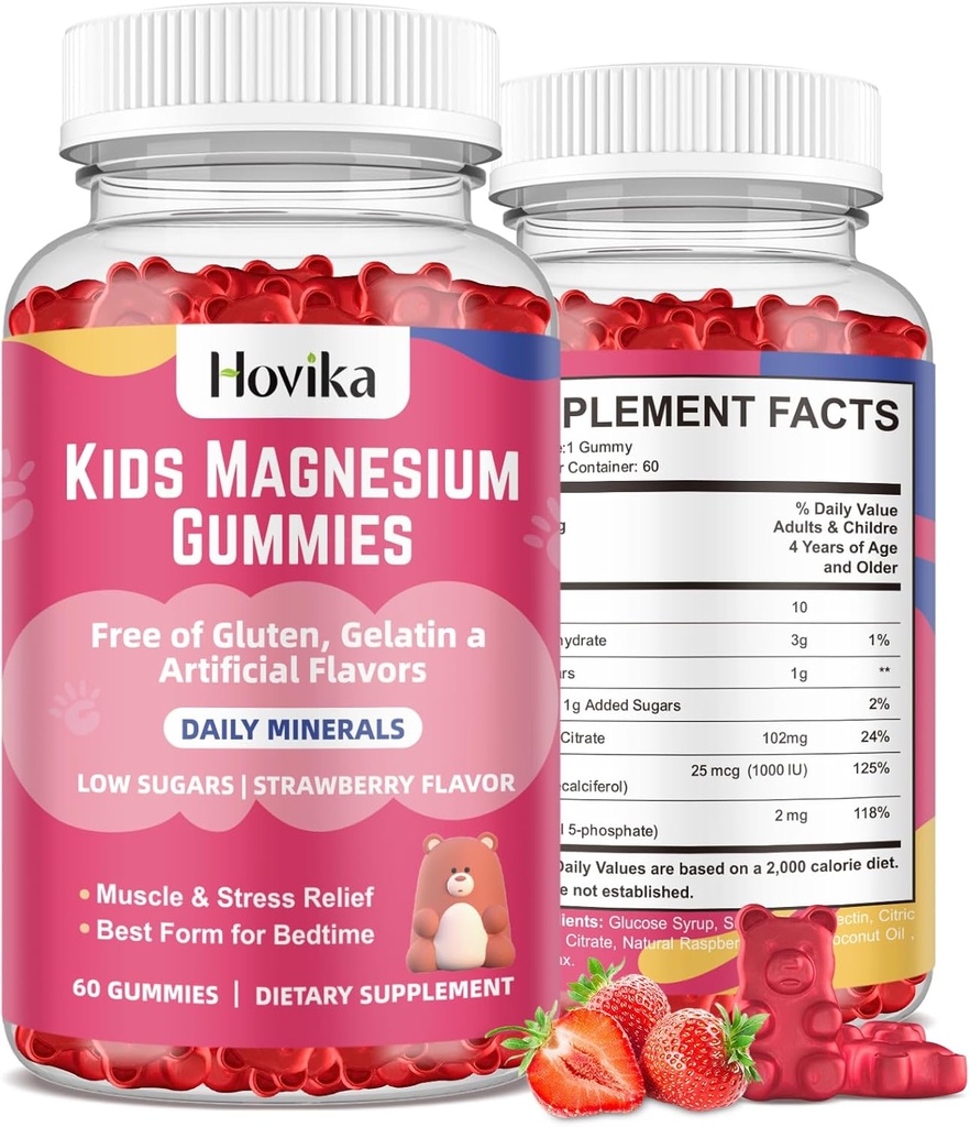 Magnesium Citrate Gummies for Kids - Great Tasting Kids Magnesium Calm Supplement Support Nerve & Bone Health, Strong Muscle for Kids Wellness, Vegan Strawberry Flavor Low-Sugar, 2 Pack-60 Count