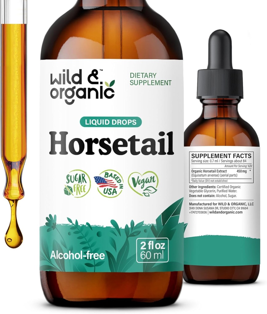 Wild & Organic Horsetail Extract Drops - Hair Skin Nails Support - Liquid Horsetail Supplement - Herb Powder Based Tincture - Vegan, Sugar & Alcohol-Free - 2 fl oz