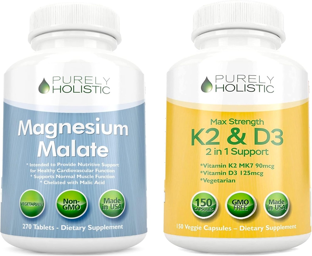 Malate de magnésium purement holistique 400mg + Vitamine D3 125mcg K2 MK7 90mcg - 270 comprimés et 150 capsules - Ensemble végétarien - Fabriqué aux États-Unis