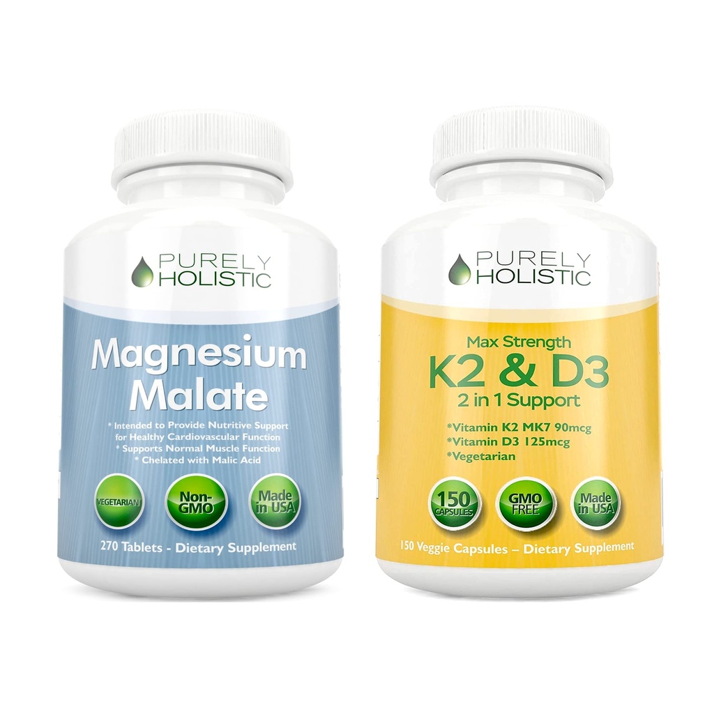 Malate de magnésium purement holistique 400mg + Vitamine D3 125mcg K2 MK7 90mcg - 270 comprimés et 150 capsules - Ensemble végétarien - Fabriqué aux États-Unis
