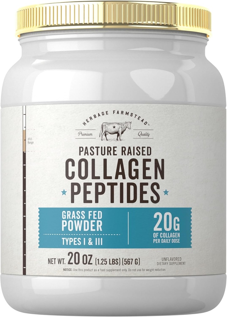 Carlyle Grass Fed Collagen Peptides Powder 20oz | Unflavored | Pasture Raised | Types I & III | 20g of Collagen Per Daily Dose | Non-GMO, Gluten Free | by Herbage Farmstead