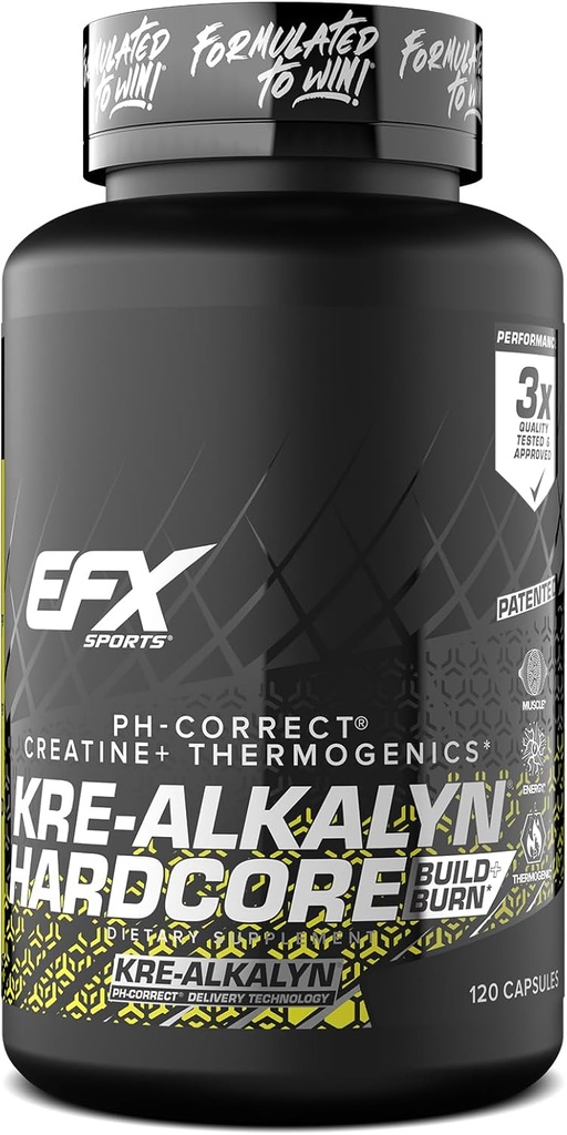 EFX Sports Kre-Alkalyn Hardcore (en anglais seulement) pH thermogénique Correct Creatine Monohydrate Pill Supplement (en anglais seulement) Énergie et force Pré-entraînement (en anglais seulement) 40 portions, 120 capsules