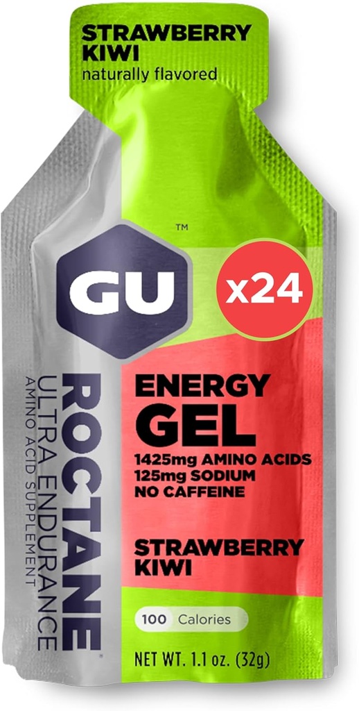 GU Energy Roctane Ultra Endurance Energy Gel, végétalien, sans gluten, sans casher et sans laiterie nutrition sportive pour la course, le vélo, la randonnée ou le ski, fraise Kiwi (24 paquets)