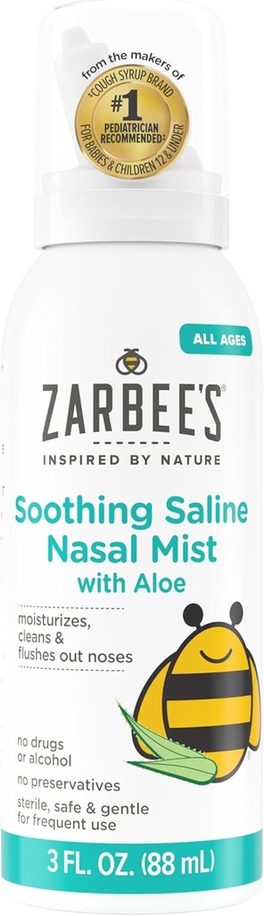 Zarbee’s Soothing Saline Nasal Mist with Aloe, Saline Spray for All Ages Works Quickly to Clear Out & Moisturize Noses, Mist Loosens Mucus & Clears Nasal Passageways, Drug-Free, 3 fl. Oz