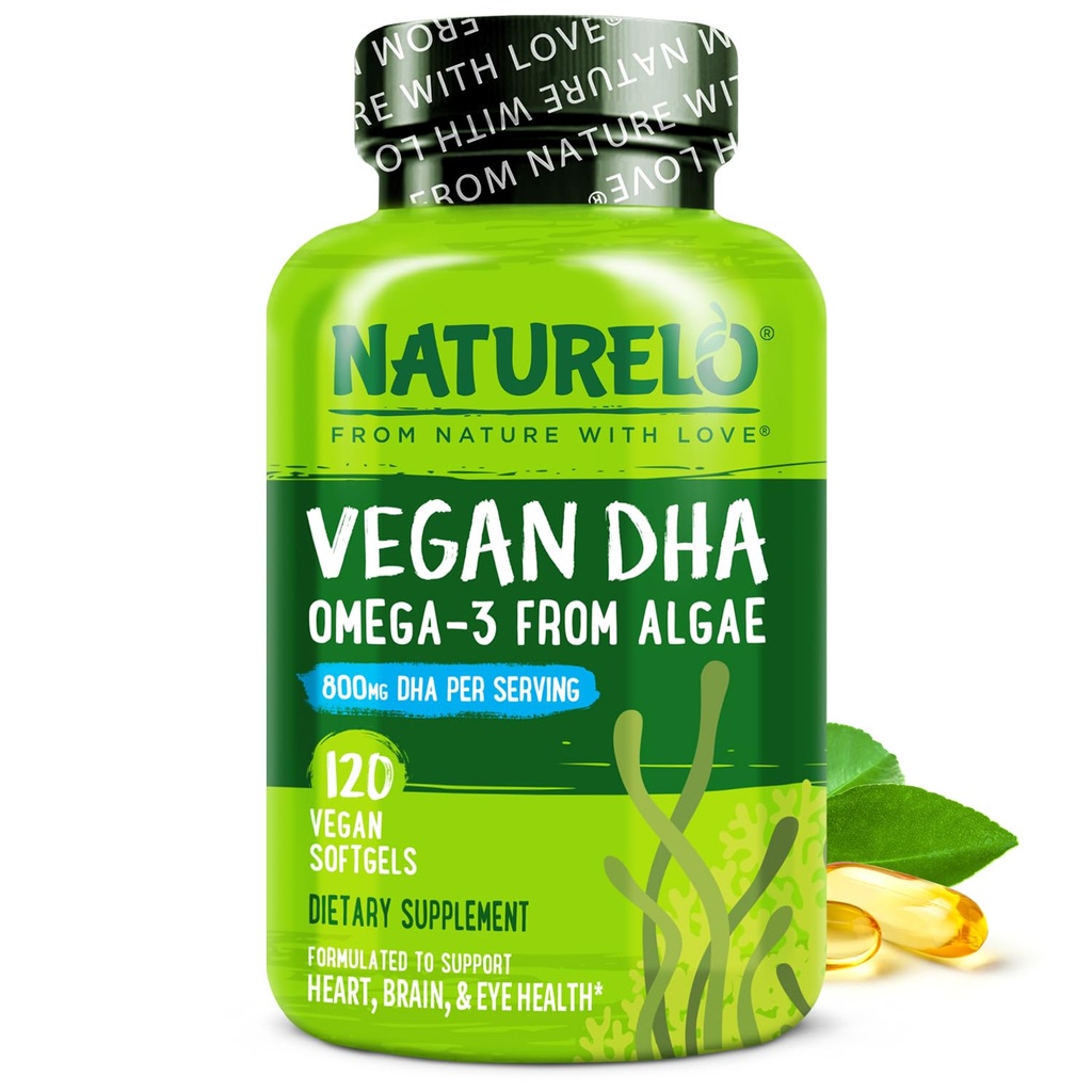 NATURELO Vegan DHA - Omega 3 Oil from Algae - Supplément pour le cerveau, le coeur, les articulations, la santé oculaire - Fournit les acides gras essentiels pour les femmes hommes et enfants - Compléments Vitamines prénatales - 120 Softgels