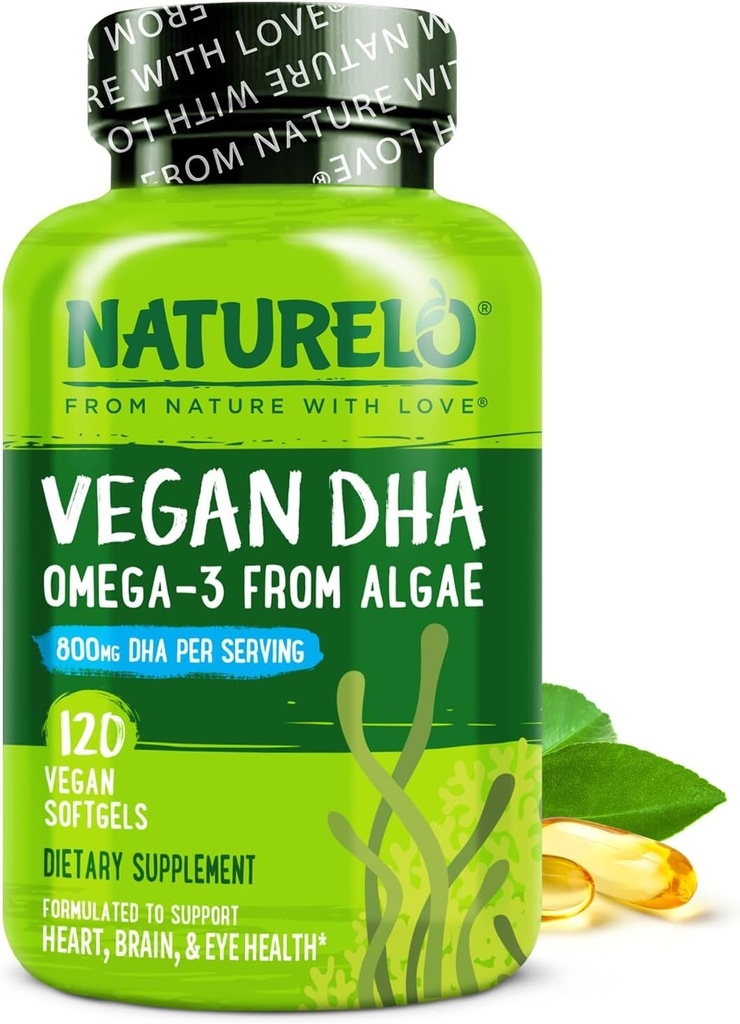 NATURELO Vegan DHA - Omega 3 Oil from Algae - Supplément pour le cerveau, le coeur, les articulations, la santé oculaire - Fournit les acides gras essentiels pour les femmes hommes et enfants - Compléments Vitamines prénatales - 120 Softgels