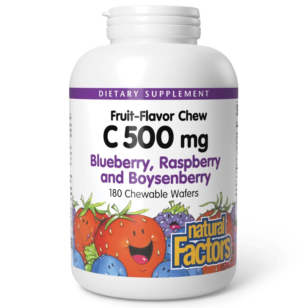 Facteurs naturels Kids Chewable Vitamine C 500 mg, soutient la santé immunitaire, les os, les dents et les gencives, Blueberry, Raspberry et Boysenberry, 180 Wafers