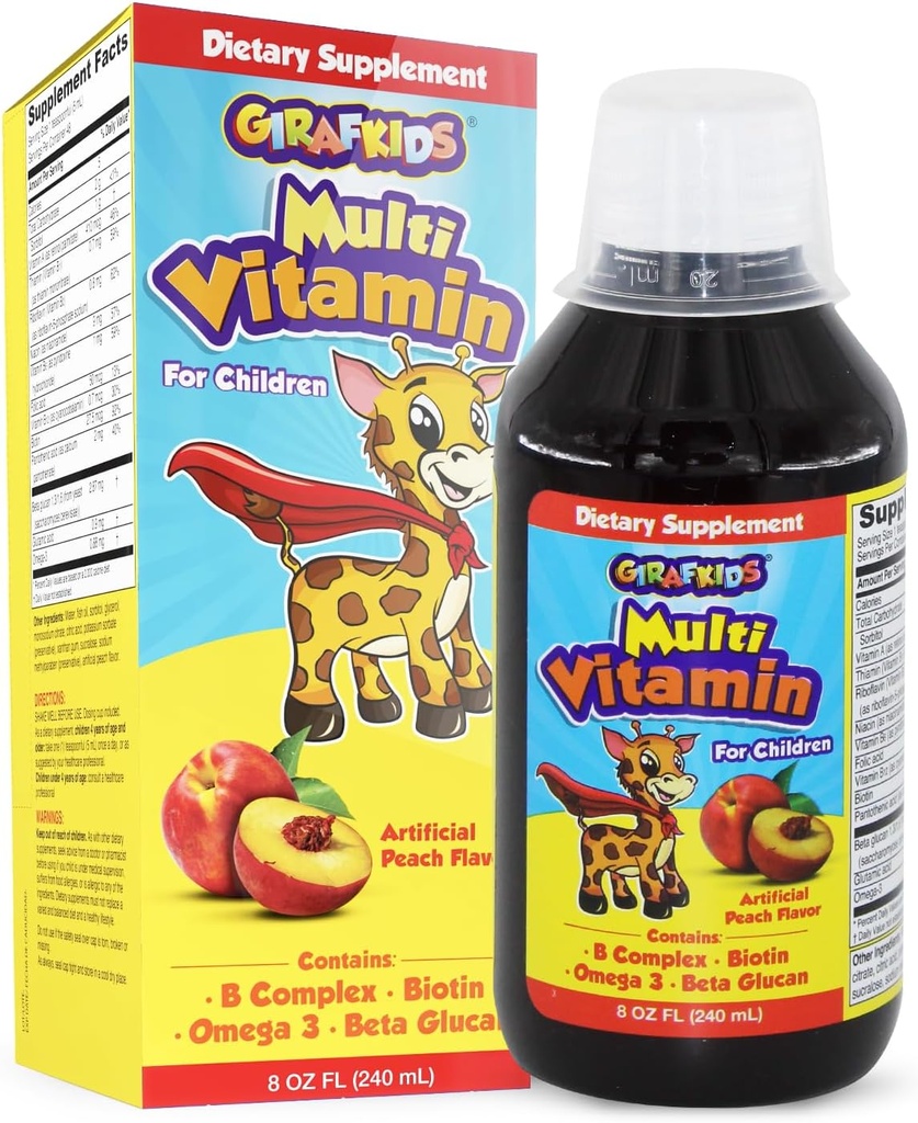 GirafKids Multivitamine liquide pour enfants 4+, 8oz - Vitamines quotidiennes pour enfants avec biotine, complexe vitamine A, B, acide folique, oméga-3 et bêta glucane - Supplément alimentaire pour enfants croissance et énergie